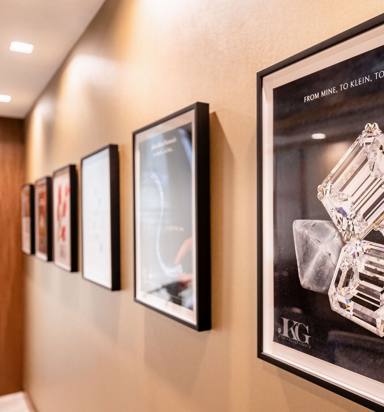A wall of framed achievements