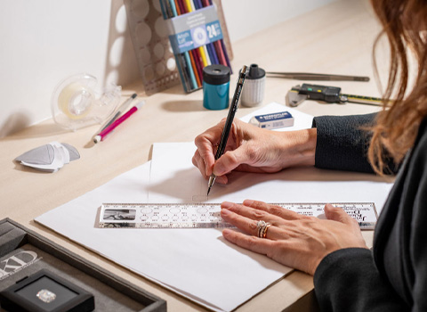 A woman is sketching designs for a diamond ring